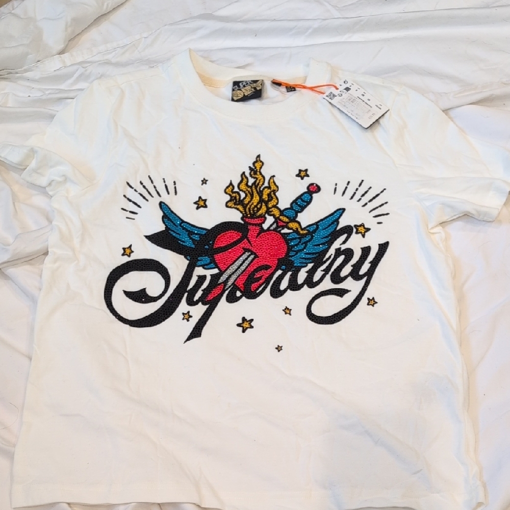 White Graphic Tee with Heart and Wings Design